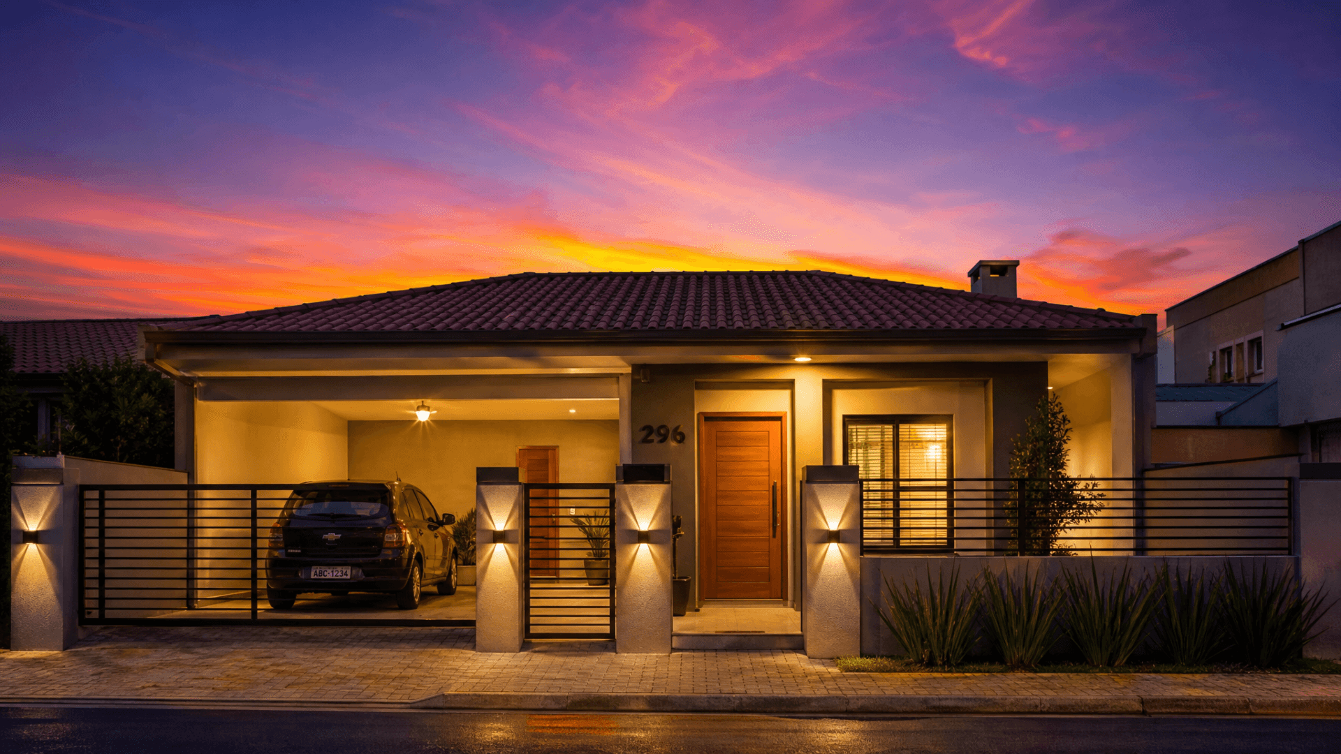 Casa iluminada ao entardecer com céu em tons de aurora